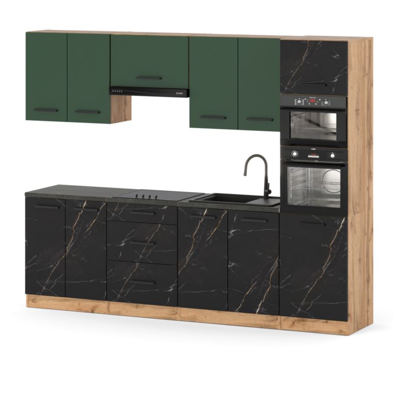Zestaw Kuchenny Hurtownia-Mebli Z Blatem Kuchnia Marra 260cm Dąb Wotan Butelkowa Zieleń/San Sebastian 260x47x217 cm 1szt.