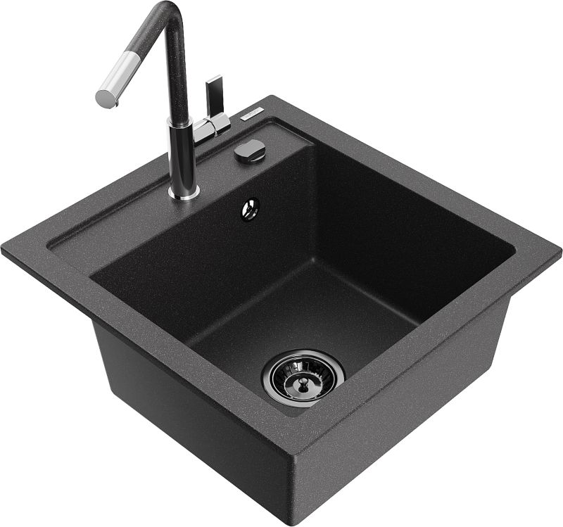 Zlewozmywak granitowy Mexen Vito 1-komorowy z baterią kuchenną Flora czarny 6503-76-670401-08-B