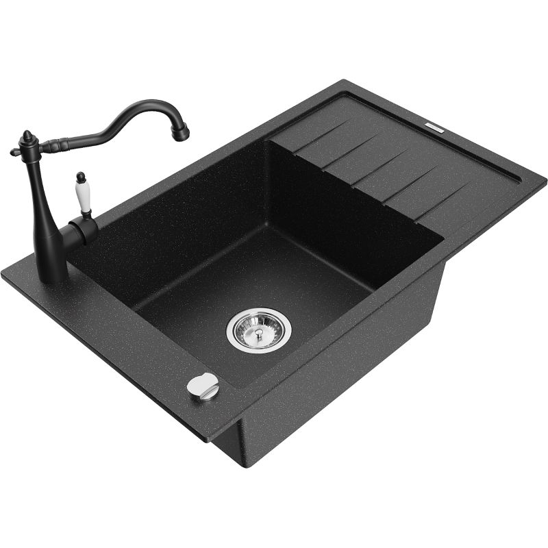 Zlewozmywak granitowy 1-komorowy Mexen Elias z ociekaczem i baterią Carla czarny/złoty metalik - 6511-75-670700-70 1 szt.