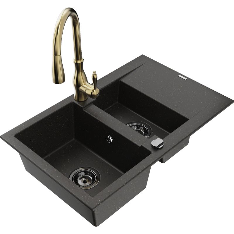 Zlewozmywak granitowy 1.5-komorowy Mexen Gaspar z ociekaczem i baterią kuchenną Savita czarny/złoty 6507-75-672601-50-B