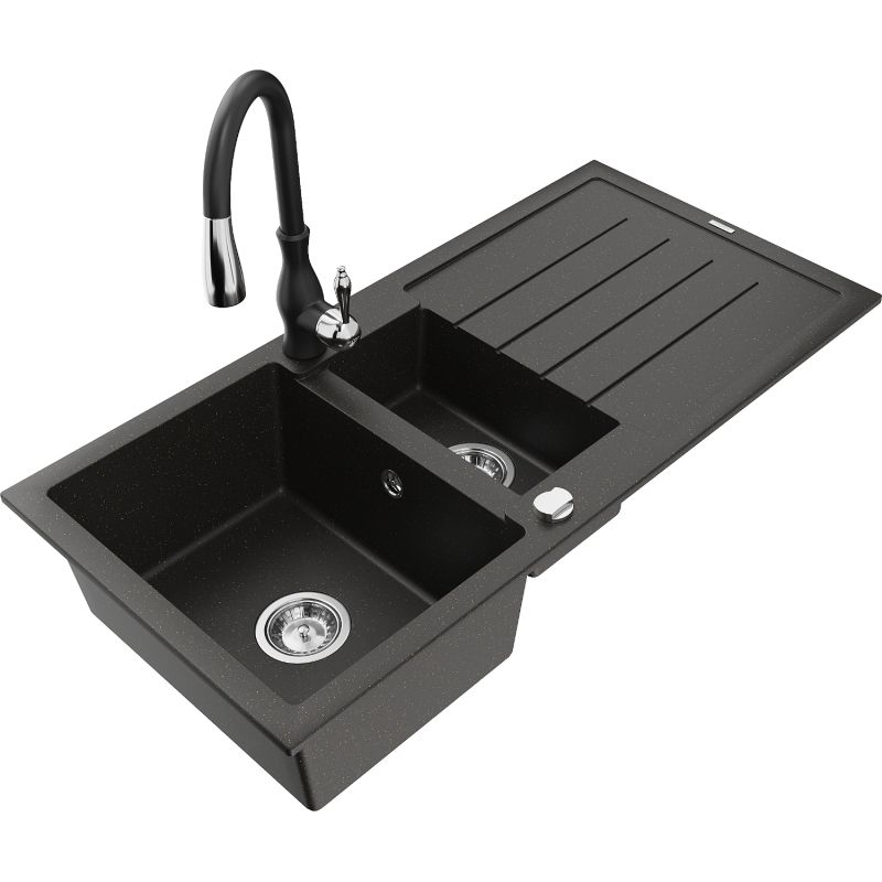 Zlewozmywak granitowy 1.5-komorowy Mexen Andres z ociekaczem i baterią kuchenną Savita szary - 6515-71-672601-00 1 szt.