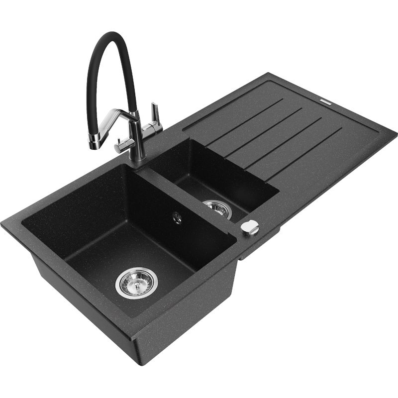 Zlewozmywak granitowy 1.5-komorowy Mexen Andres z ociekaczem i baterią Duo czarny/złoty metalik - 6515-75-671701-70-B 1 szt.