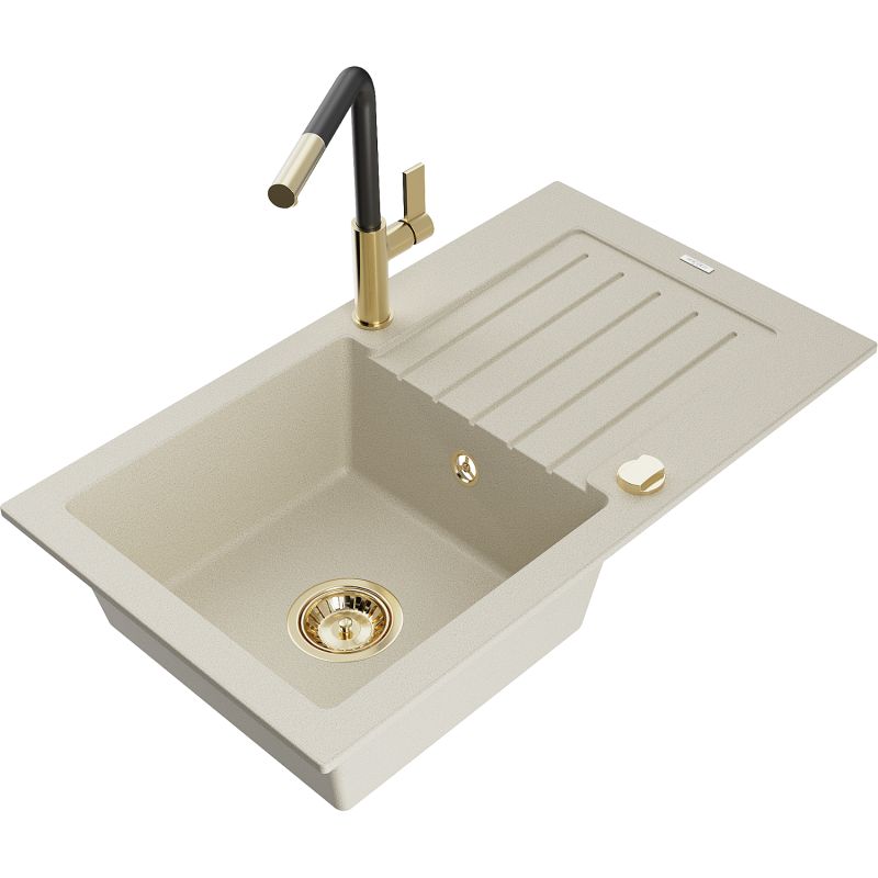 Zlewozmywak granitowy 1-komorowy Mexen Pablo z ociekaczem i baterią kuchenną Flora beżowy 6510-69-670401-57-G