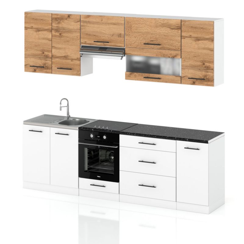 Zestaw Kuchenny Hurtownia-Mebli Z Blatem Kuchnia Marocco 260cm Biały Mat Dąb Wotan/Biały Mat 260x52x157 cm 1szt.