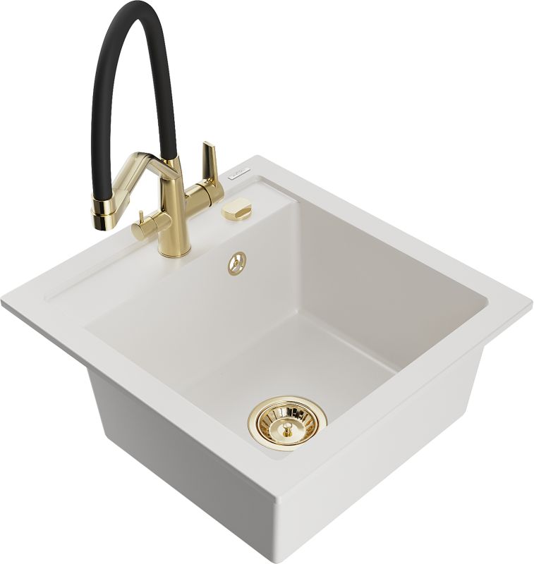 Zlewozmywak granitowy Mexen Vito 1-komorowy z baterią kuchenną Duo biały 6503-20-671701-57-G