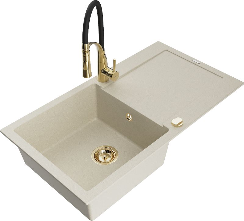 Zlewozmywak granitowy Mexen Leo 1-komorowy z ociekaczem i baterią kuchenną Aster beżowy - 6501-69-73450-70-B 1 szt.