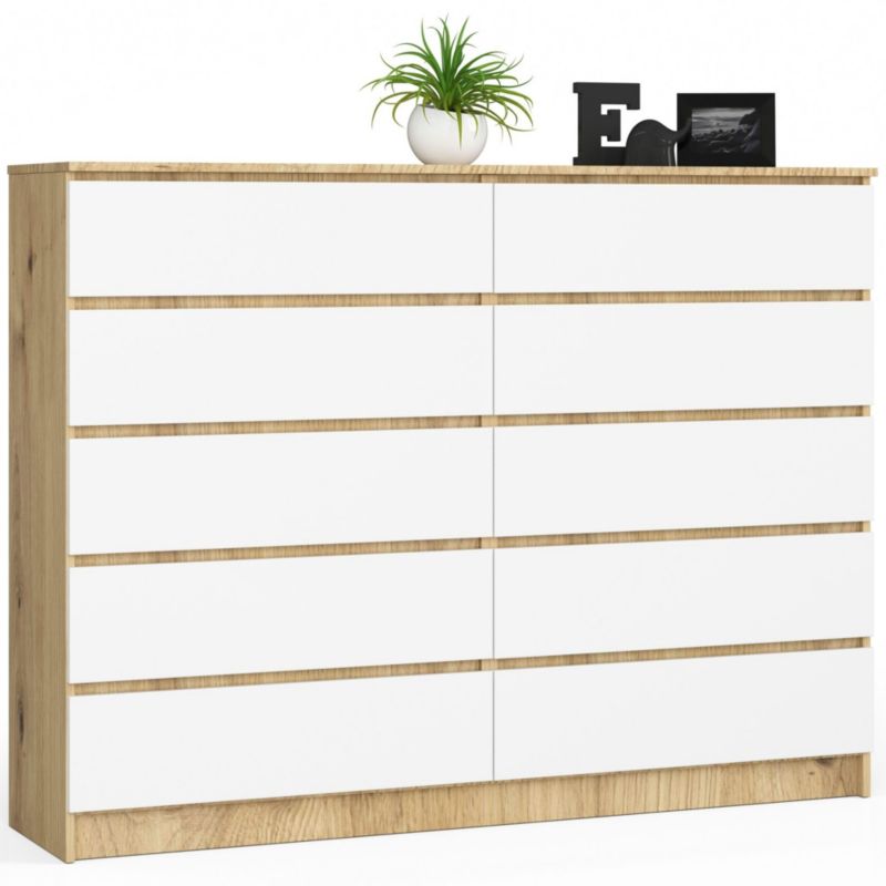 Komoda Akord K160 Dąb Artisan 160 cm 10 szuflad kolor Biały mat 160x40x121 cm 1 szt.