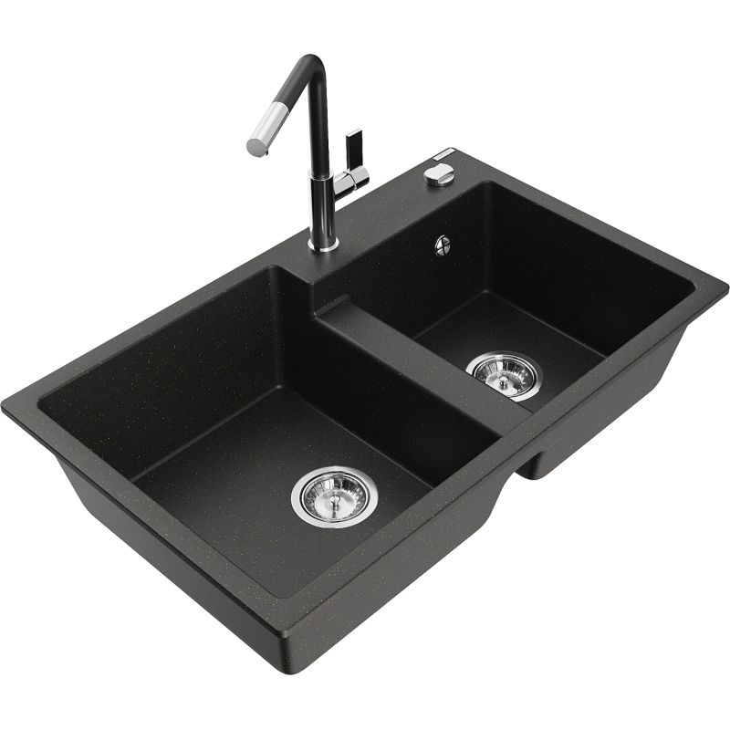 Zlewozmywak granitowy 2-komorowy Mexen Tomas z baterią kuchenną Flora czarny/złoty metalik 6516-75-670401-07