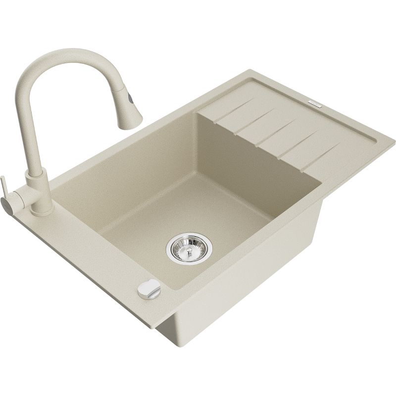 Zlewozmywak granitowy 1-komorowy Mexen Elias z ociekaczem i baterią kuchenną Elia beżowy - 6511-69-670101-70 1 szt.