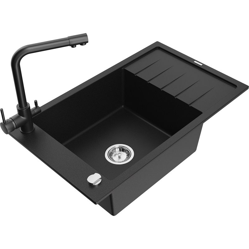 Zlewozmywak granitowy 1-komorowy Mexen Elias z ociekaczem i baterią kuchenną Duero czarny nakrapiany - 6511-76-671600-00 1 szt.