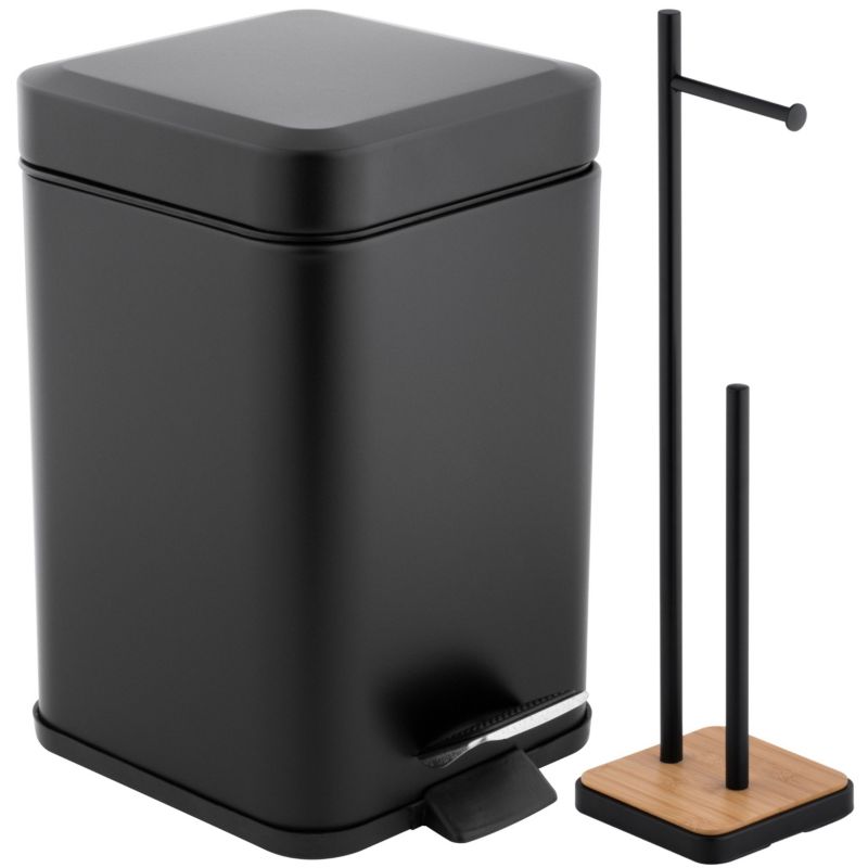 Zestaw łazienkowy Yoka Home kosz na śmieci z cichym opadem i Stojak na papier toaletowy czarny bambus - 1 szt.