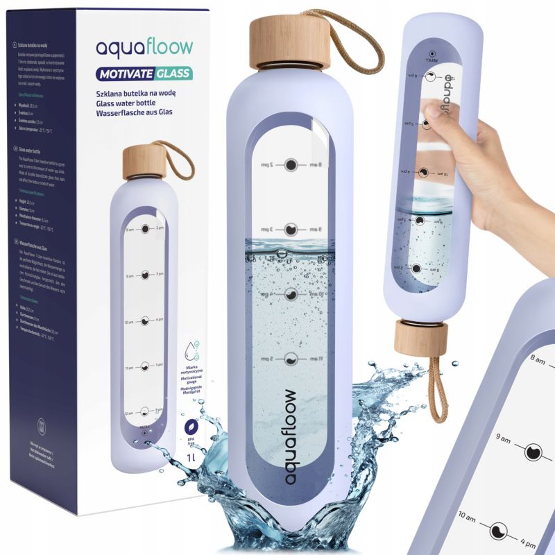 Butelka na wodę, AquaFloow, szklana, z miarką motywacyjną, bidon, w etui silikonowym, z nakrętką bambusową, 1L, lawendowa, 1szt