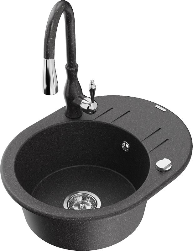 Zlewozmywak granitowy Mexen Kevin 1-komorowy z ociekaczem i baterią kuchenną Savita czarny/złoty - 6517-75-672601-70-B 1 szt.