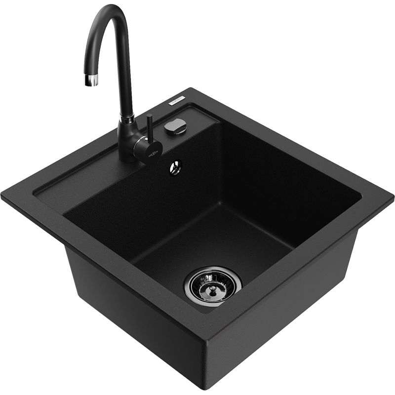 Zlewozmywak granitowy 1-komorowy Mexen Vito z baterią kuchenną Telma czarny 6503-77-670200-70-B