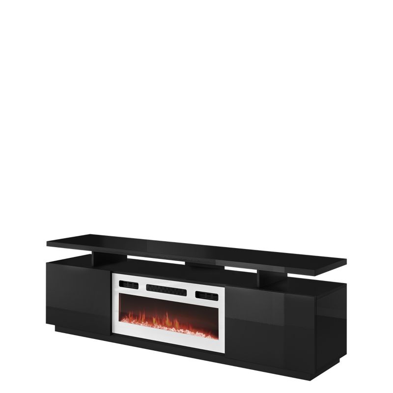 Szafka RTV z kominkiem MIRJAN 24 Eva czarny / czarny połysk + biały kominek 1 szt.