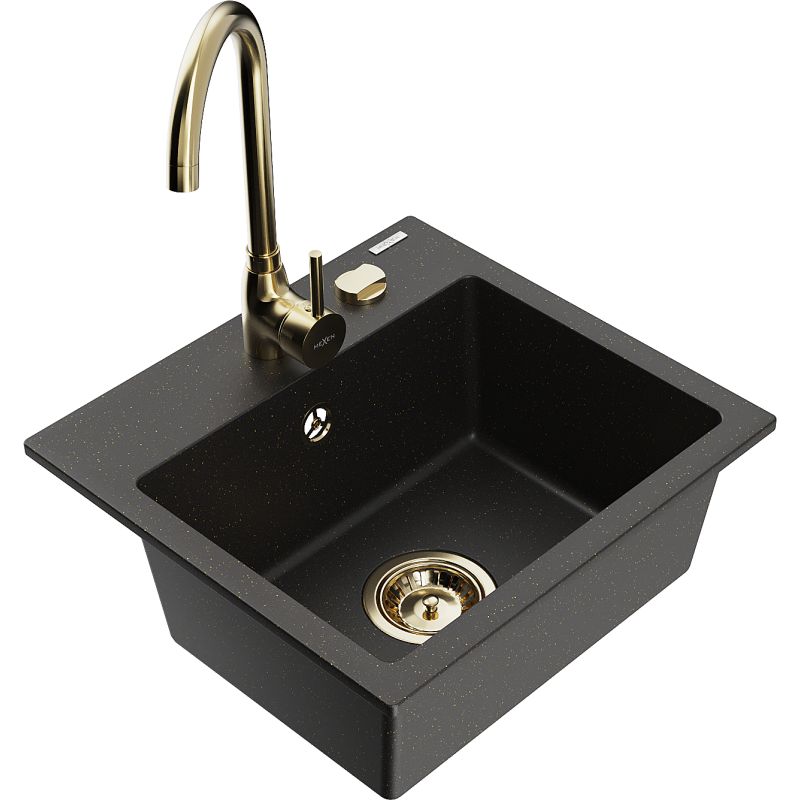 Zlewozmywak granitowy 1-komorowy Mexen Milo z baterią kuchenną Telma czarny/złoty 6505-75-670200-50