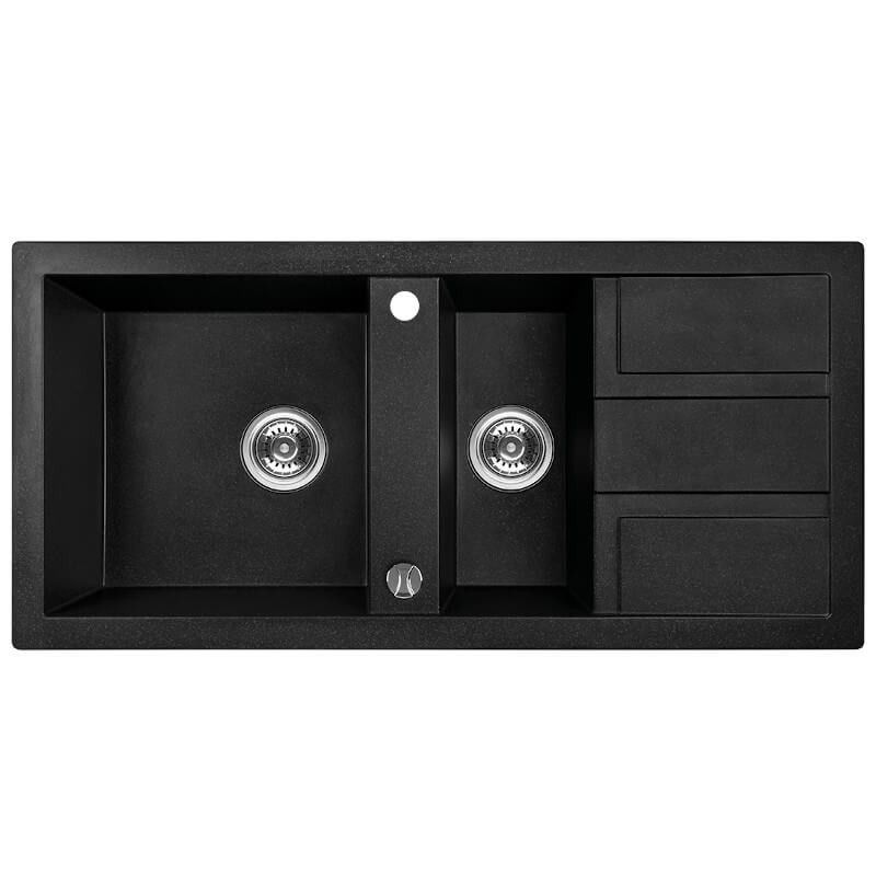 Zlewozmywak Granitowy, Laveo, Czarny 1,5 Komorowy, 100 x 48 cm z syfonem, 1 szt.