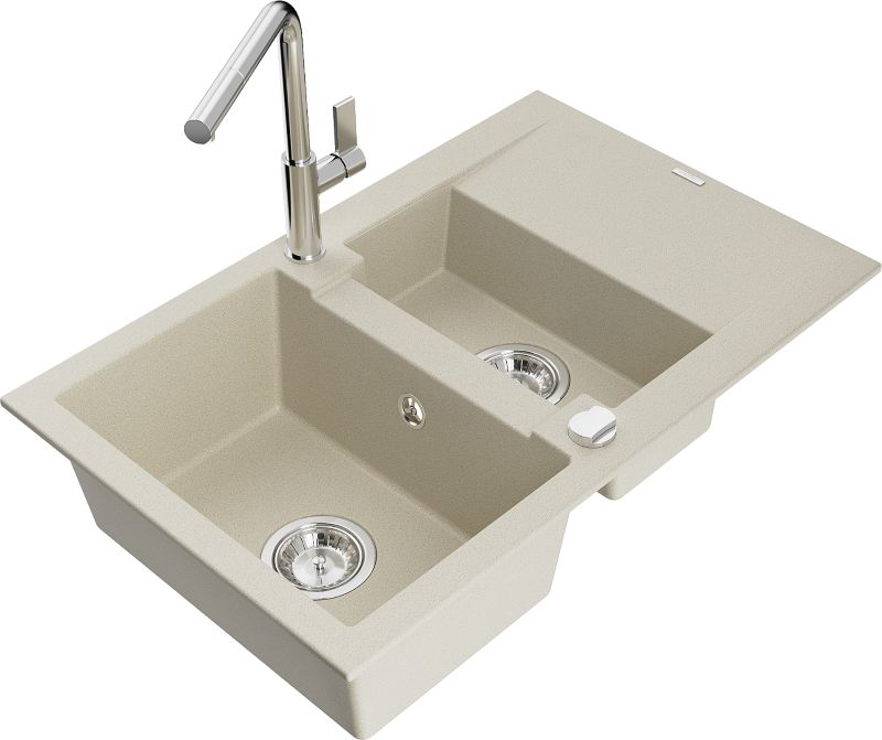Zlewozmywak granitowy Mexen Gaspar 1,5-komorowy z ociekaczem i baterią kuchenną Flora beżowy 6507-69-670401-00