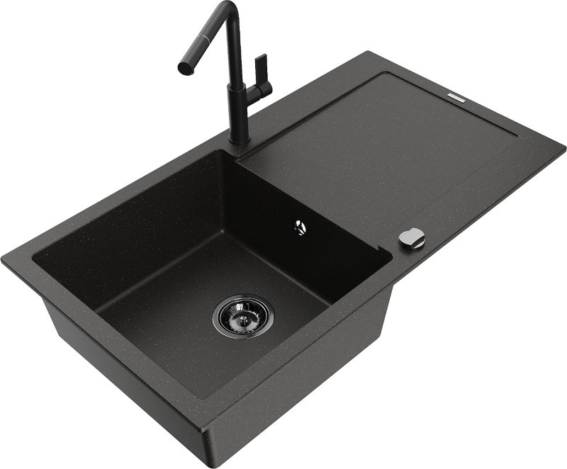 Zlewozmywak granitowy Mexen Leo 1-komorowy z ociekaczem i baterią kuchenną Rita czarny/złoty - 6501-75-670300-50-B 1 szt.