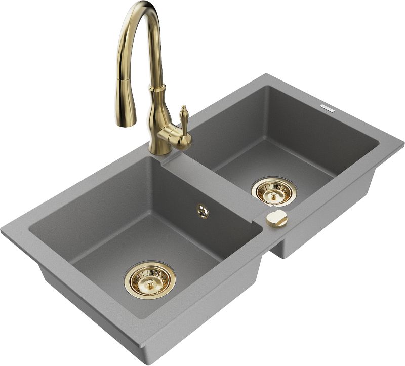 Zlewozmywak granitowy Mexen Mario 2-komorowy z baterią kuchenną Savita szary 6504-71-672601-50