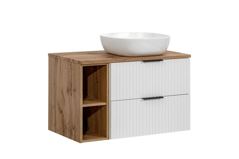 Szafka pod umywalkę Furnidea 100 cm biały mat z regałem, blatem dąb Wotan i umywalką Adel 1 szt.