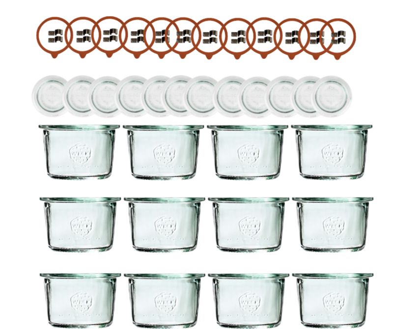 Słoiki MODO24 Weck 80 ml fi 60 mold z wiekami szklanymi gumkami i zapinkami 12 kpl.