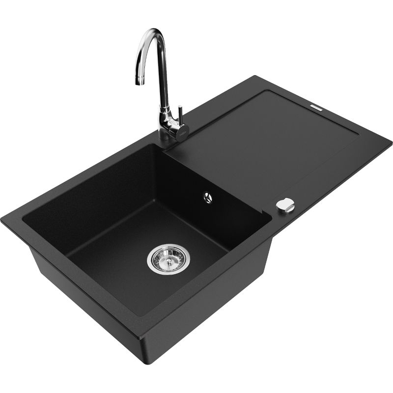 Zlewozmywak granitowy 1-komorowy Mexen Leo z ociekaczem i baterią kuchenną Telma czarny 6501-77-670200-00