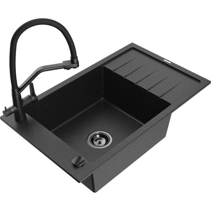 Zlewozmywak granitowy 1-komorowy Mexen Elias z ociekaczem i baterią Duo czarny/złoty metalik - 6511-75-671701-70-B 1 szt.