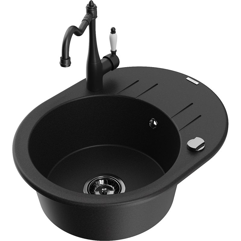 Zlewozmywak granitowy 1-komorowy Mexen Kevin z ociekaczem i baterią Carla czarny/srebrny metalik - 6517-73-670700-70 1 szt.