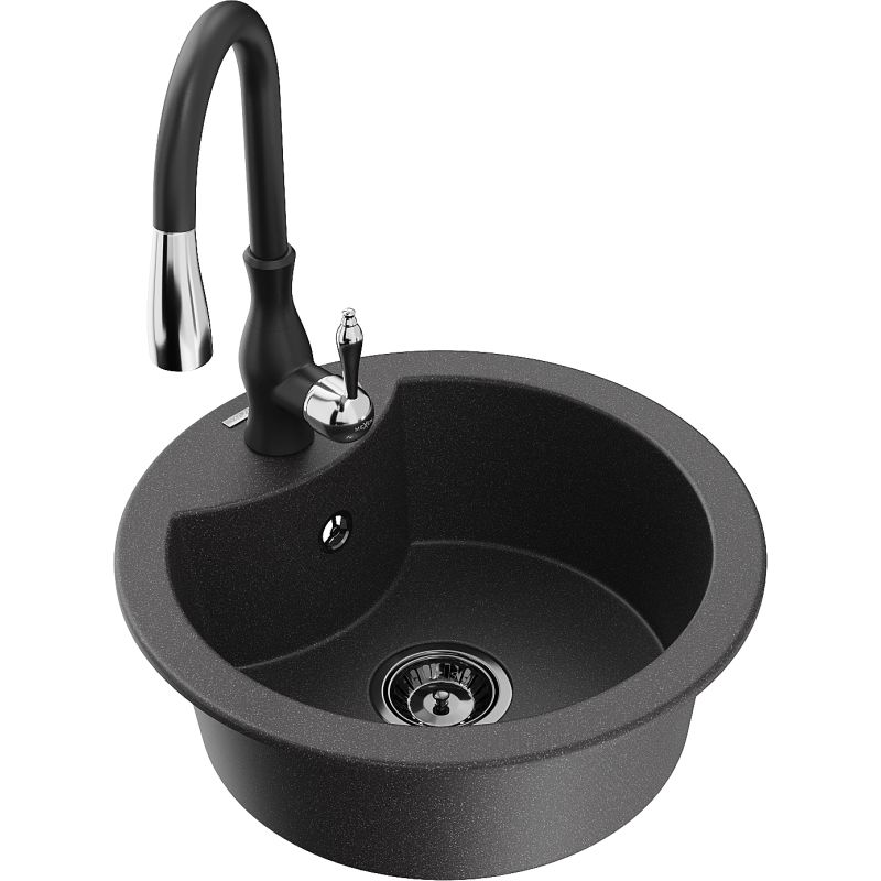 Zlewozmywak granitowy 1-komorowy Mexen Diego z baterią kuchenną Savita czarny/srebrny metalik - 6512-73-672601-00 1 szt.