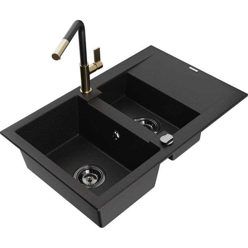 Zlewozmywak granitowy 1.5-komorowy Mexen Gaspar z ociekaczem i baterią kuchenną Flora czarny 6507-77-670401-57-B