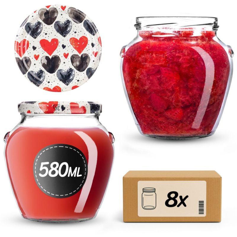 Słoiki na przetwory 580ml + wieczka "Czarno-czerwone serca" 82mm 8szt.