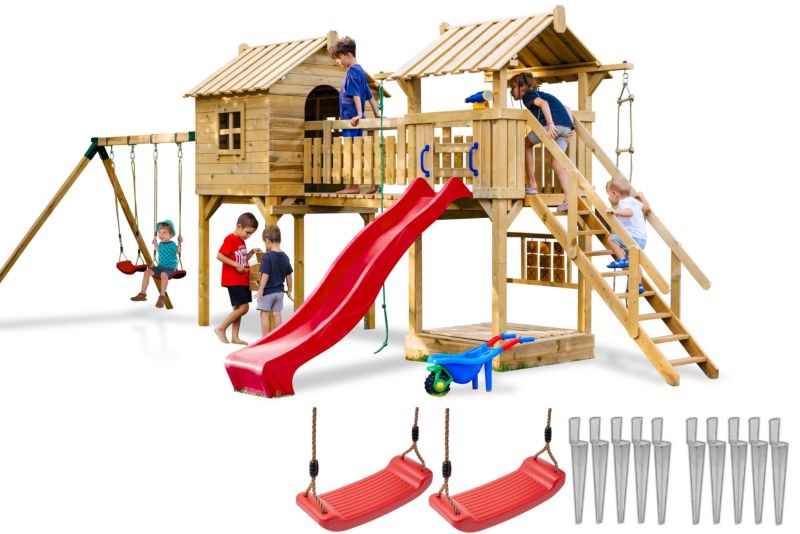 Plac zabaw dla dzieci Meblogród Mała Kraina czerwona zjeżdżalnia i huśtawki, domek, wieża, mostek, piaskownica, drabinka, 1kpl
