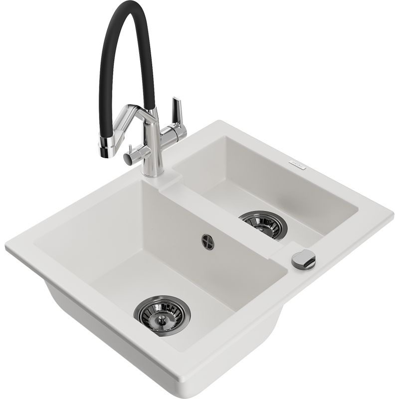 Zlewozmywak granitowy 1.5-komorowy Mexen Carlos z baterią kuchenną Duo biały 6518-20-671701-07-B