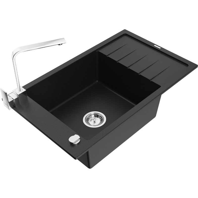Zlewozmywak granitowy 1-komorowy Mexen Elias z ociekaczem i baterią kuchenną Rita czarny 6511-77-670300-00