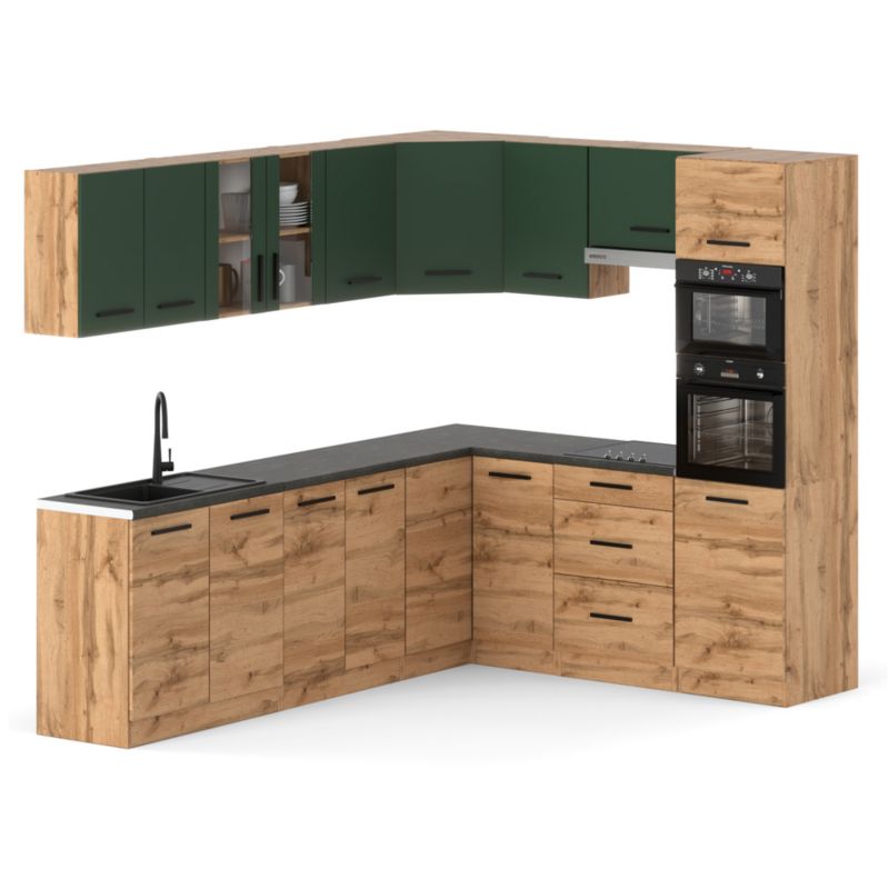 Zestaw Kuchenny Hurtownia-Mebli Z Blatem Kuchnia Marra Narozna 460cm Dąb Wotan Butelkowa Zieleń/Dąb Wotan 460x47x145 cm 1szt.