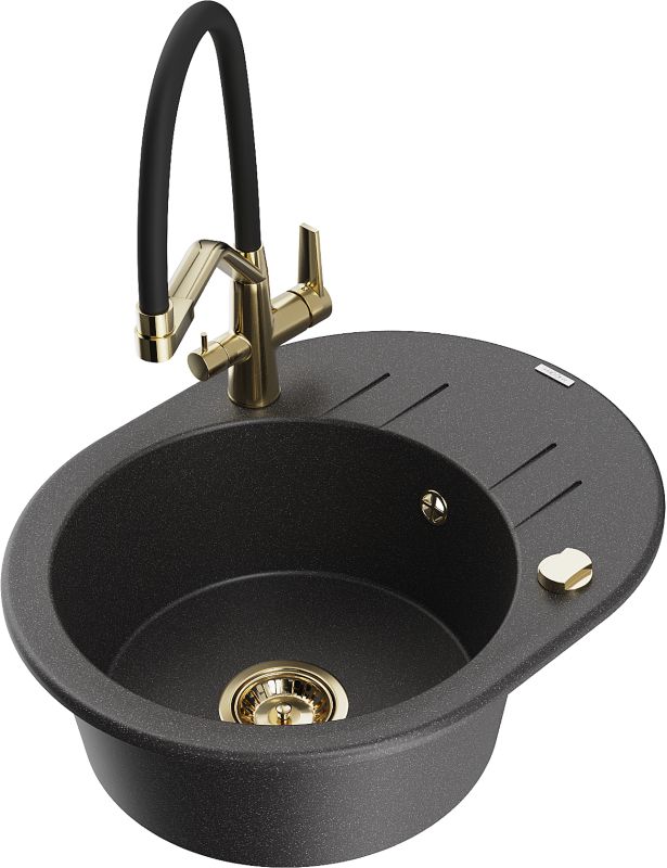 Zlewozmywak granitowy Mexen Kevin 1-komorowy z baterią kuchenną Duo czarny 6517-76-671701-57-G