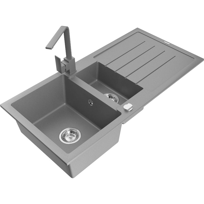 Zlewozmywak granitowy 1.5-komorowy Mexen Andres z ociekaczem i baterią kuchenną Savita czarny - 6515-77-672601-70 1 szt.