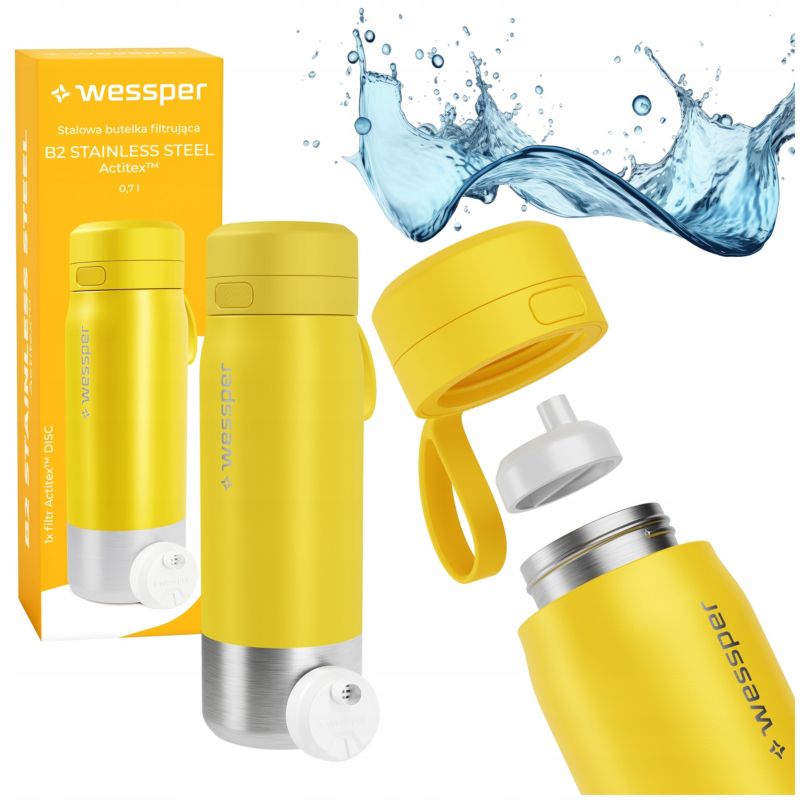 Butelka na wodę, Wessper, filtrująca, stal nierdzewna, bidon, z filtrem wody, 0,7L, B2 STAINLESS STEEL Actitex, żółta, 1szt