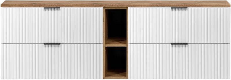 Szafka pod umywalkę łazienkowa Furnidea 180 cm wisząca 4 szuflady Flow dąb Wotan biała mat 1 szt.