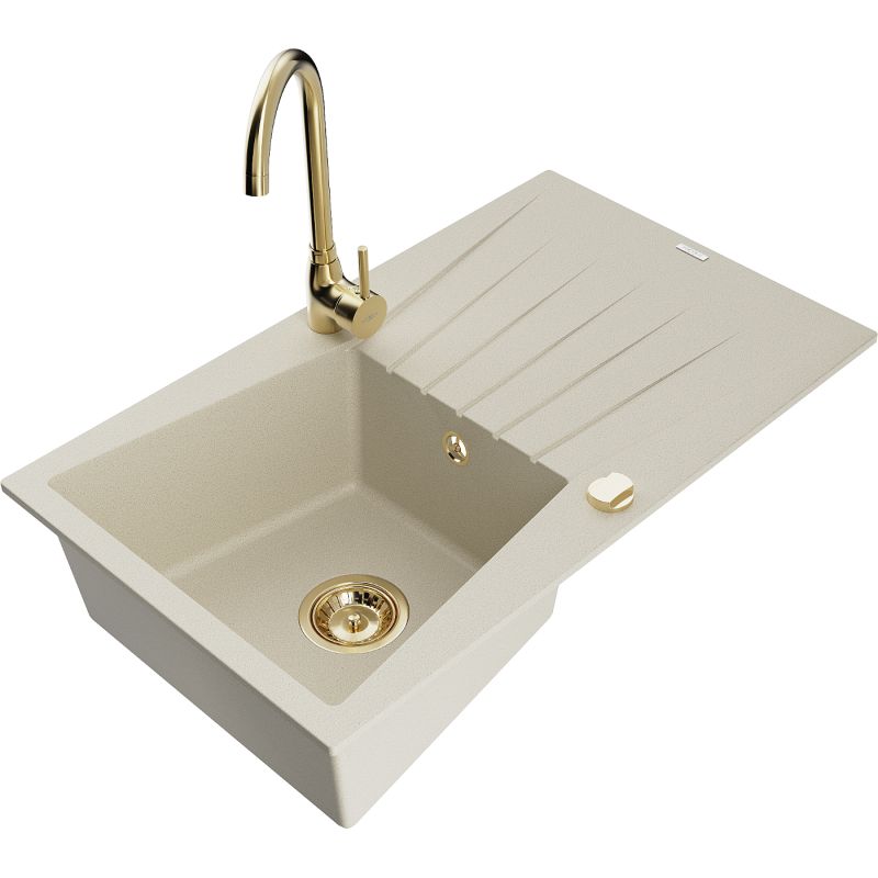 Zlewozmywak granitowy 1-komorowy Mexen Cesar z ociekaczem i baterią kuchenną Telma beżowy 6514-69-670200-50