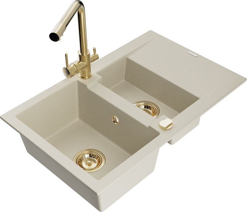 Zlewozmywak granitowy Mexen Gaspar 1,5-komorowy z ociekaczem i baterią kuchenną Duero beżowy 6507-69-671600-50