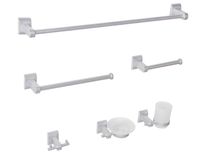 Zestaw akcesoriów toaletowych 6 elementów Talara Z uchwytami i haczykami na ręczniki Srebrny 1 kpl