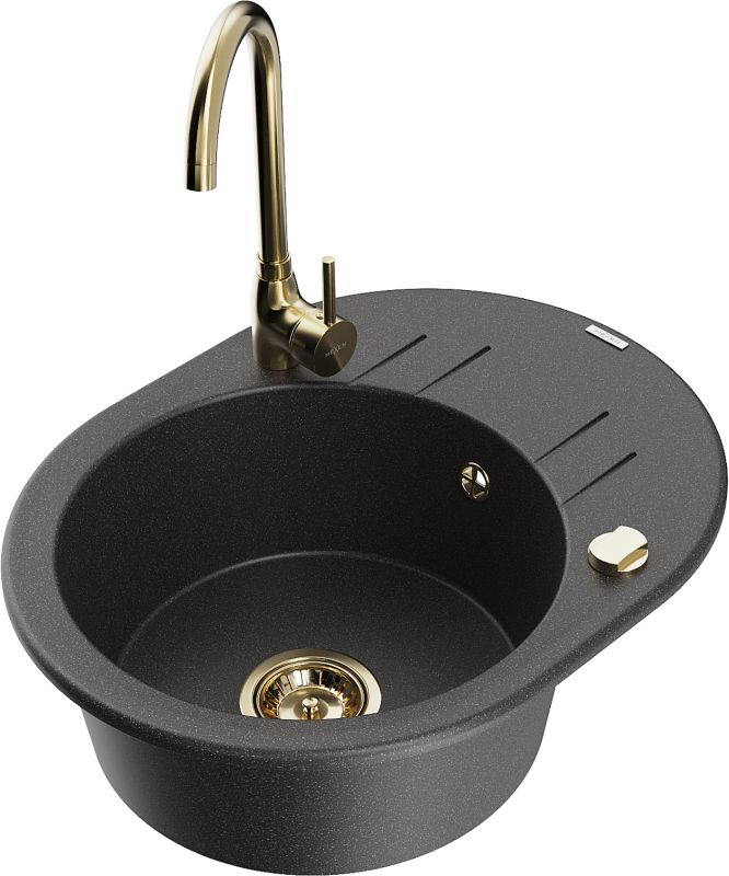 Zlewozmywak granitowy Mexen Kevin 1-komorowy z ociekaczem i baterią kuchenną Telma czarny 6517-76-670200-50