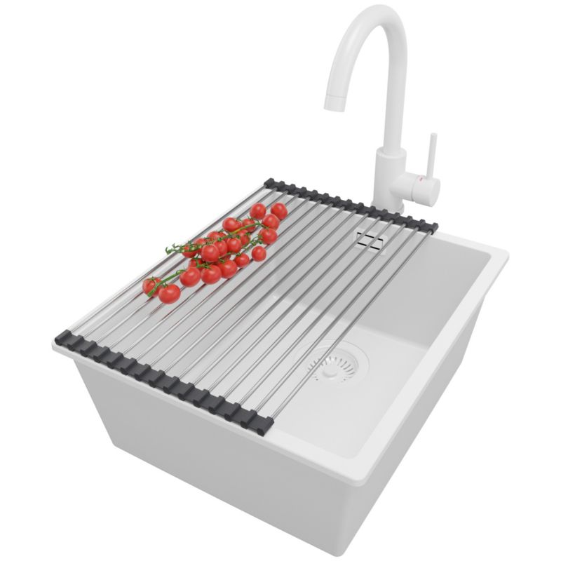Zlewozmywak Granitowy Londyn Slim PRIMAGRAN Nablatowy 41x47cm do szafki od 45cm z Syfonem i Baterią i Dodatkiem Cały Biały 1 szt.