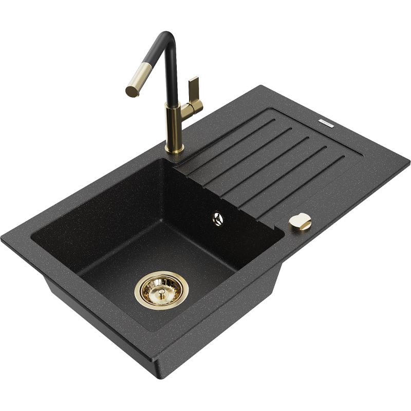 Zlewozmywak granitowy 1-komorowy Mexen Pablo z ociekaczem i baterią kuchenną Flora czarny/srebrny metalik 6510-73-670401-57-G