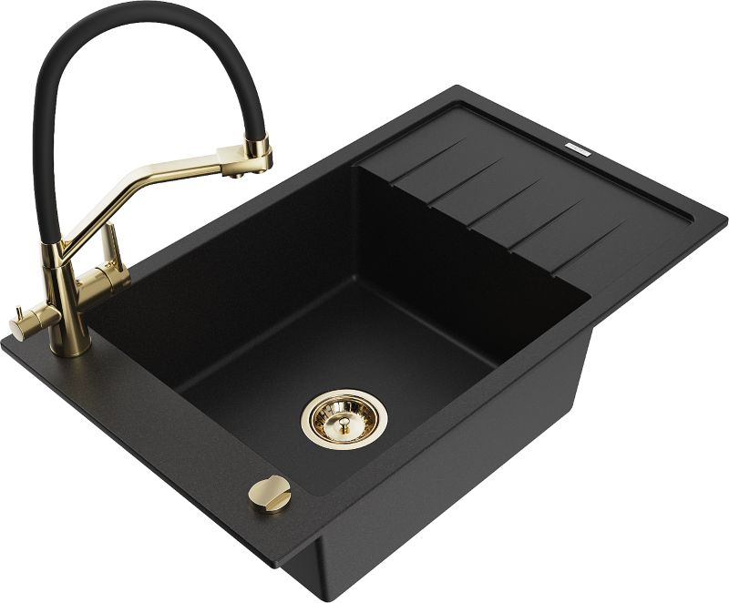 Zlewozmywak granitowy Mexen Elias 1-komorowy z ociekaczem i baterią kuchenną Duo czarny 6511-77-671701-57-G
