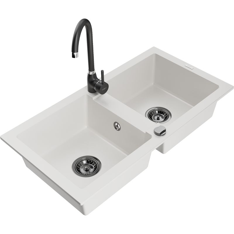 Zlewozmywak granitowy 2-komorowy Mexen Mario z baterią kuchenną Telma biały 6504-20-670200-70