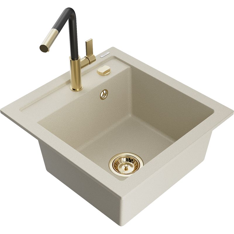 Zlewozmywak granitowy 1-komorowy Mexen Vito z baterią kuchenną Flora beżowy 6503-69-670401-57-G