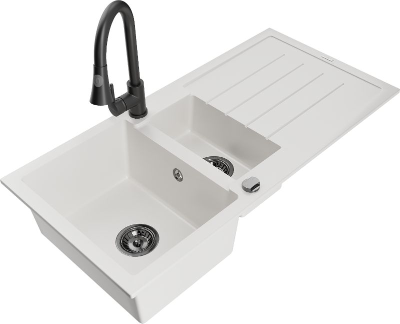 Zlewozmywak granitowy Mexen Andres 1,5-komorowy z ociekaczem i baterią kuchenną Flora beżowy - 6515-69-670401-70-B 1 szt.